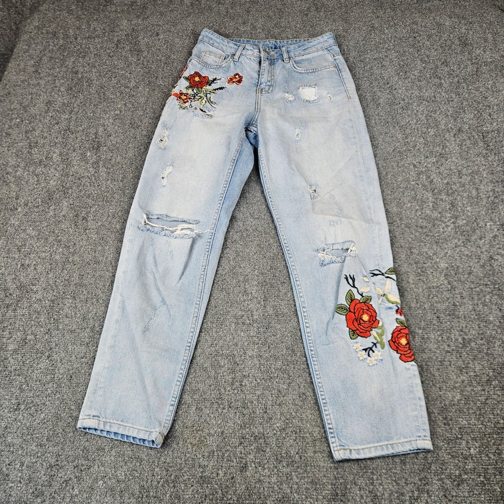 Defacto Womens Light Wash Distressed Floral Rose Embroidered Straight Leg Jeans